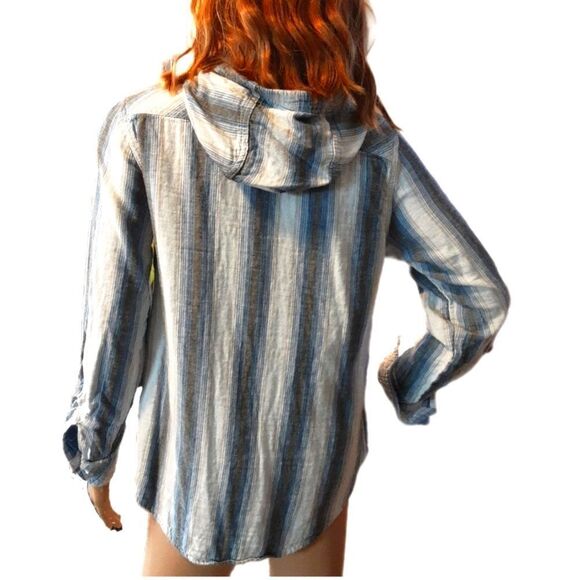 Boston Traders Hoodie Shirt Chambray Lining Blue Striped‎ Cotton size Medium - Picture 3 of 11